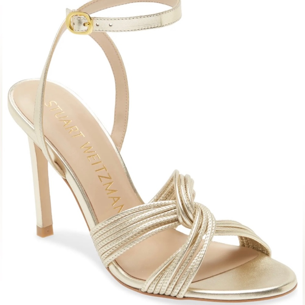 Stuart Weitzman Twist Sleek 95 Gold Leather Stiletto Sandals Sz 8.5 NIB